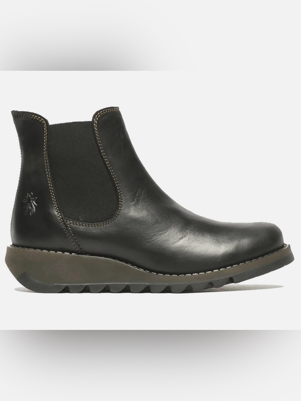 FLY LONDON Black Leather Wedge Pull On Chelsea Salv Ankle Boot